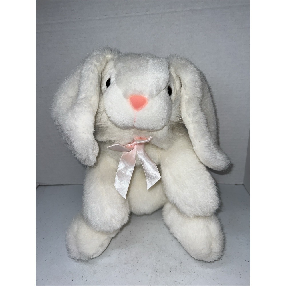 Vintage 18" SKM Easter Bunny Rabbit Plush Fluffy Stuffed Animal White Pink Bow
